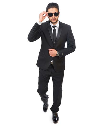 2 Button Slim Fit Satin Collar Black  Double Vented Designer Cheap Priced Men's Slim Fitted Suit - Skinny Fit Suit