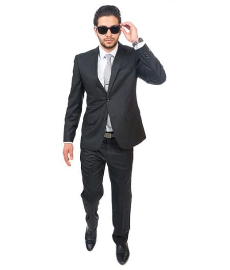 2 Button  Double Vented Slim Fit Semi Shiny Black Fabric Suit - Dress Suit For Men