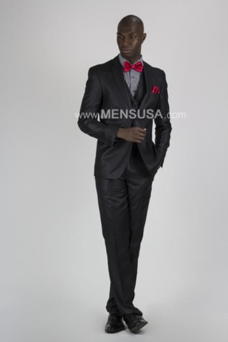 2 Button Suit Slim Fit Black Sharkskin Textured Pattern Tapered Fit