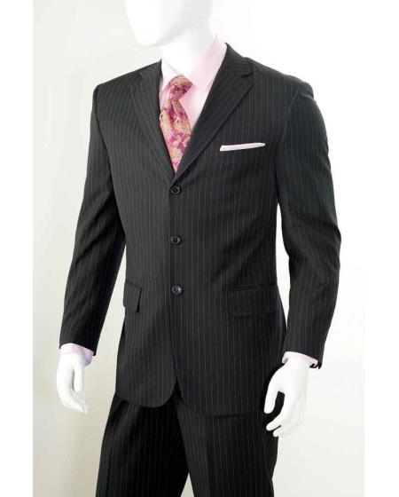 Three button 2 Piece Black Banker Chalk Pinstripe ~ Stripe Athletic Cut Pleated Pants