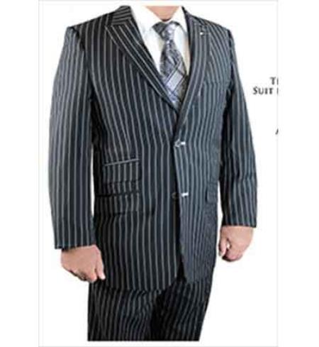 3 Piece Black Peak Lapel Gangster Stripe Scoop Revo Vested Suit