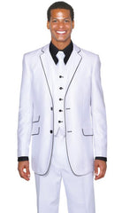 Black Lapel Two Toned Men's 2 Button 3 Piece Church Suit White Tuxedo With Black Trim - Three Piece Suit