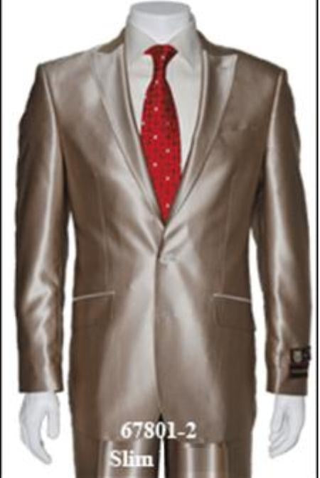 Champagne Suit Shiny Sharkskin Flashy Tan~champagne ~ beige~Taupe 2 Button Style Jacket Flat Front Pants Notch Collar