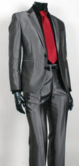 Shiny Sharkskin Charcoal Gray 2 Button Style Jacket Flat Front Pants New Style  - Color: Dark Grey Suit