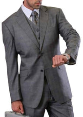 Mens Plaid Suit 2 button Vested windowpane  Pant Suit Charcoal - Three Piece Suit