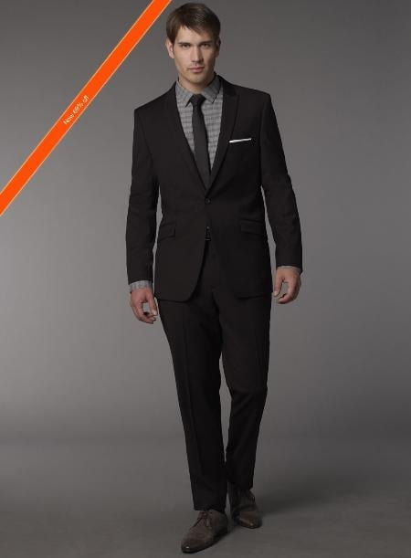 Men's Slim Fitted Cut Black 1/2 button Cheap Priced Business Suits Clearance Sale + Skinny Tie