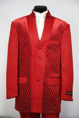 Men's Diamond Pattern Flap Two Pocket Red Mandarin Banded No Collar Suit