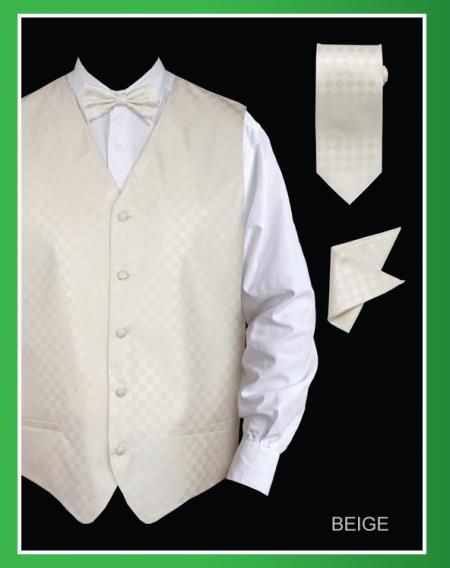 Men's 4 Piece Groomsmen Dress Tuxedo Wedding Vest ~ Waistcoat ~ Waist coat  Set (Bow Tie, Neck Tie, Hanky) - Chessboard Checkered Beige  - Men's Neck Ties - Mens Dress Tie - Trendy Mens Ties