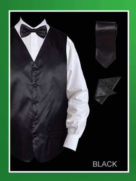 Men's 4 Piece Groomsmen Dress Tuxedo Wedding Vest ~ Waistcoat ~ Waist coat  Set (Bow Tie, Neck Tie, Hanky) - Satin Black - Men's Neck Ties - Mens Dress Tie - Trendy Mens Ties