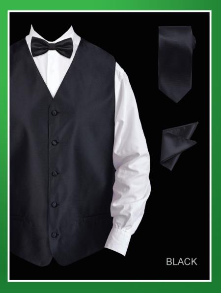 Men's 4 Piece Dress Tuxedo Wedding Vest ~ Waistcoat ~ Waist coat Set (Bow Tie, Neck Tie, Hanky) - Twill patterned Black