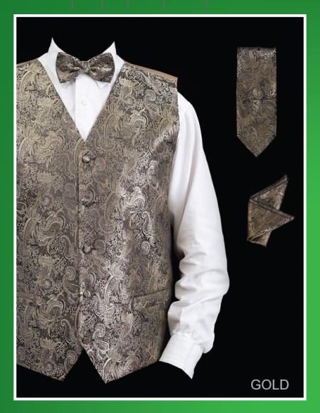 Men's Four Piece Groomsmen Dress Tuxedo Wedding Vest ~ Waistcoat ~ Waist coat  Set (Bow Tie, Neck Tie, Hanky) - P A I S L E Y Design Gold  - Men's Neck Ties - Mens Dress Tie - Trendy Mens Ties