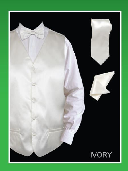 Men's 4 Piece Groomsmen Dress Tuxedo Wedding Vest ~ Waistcoat ~ Waist coat  Set (Bow Tie, Neck Tie, Hanky) - Satin Ivory  - Men's Neck Ties - Mens Dress Tie - Trendy Mens Ties