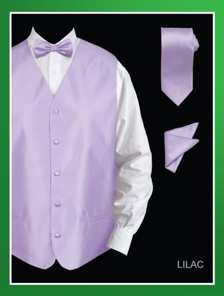 Men's 4 Piece Dress Tuxedo Wedding Vest ~ Waistcoat ~ Waist coat Set (Bow Tie, Neck Tie, Hanky) - Twill patterned Lilac Lavender