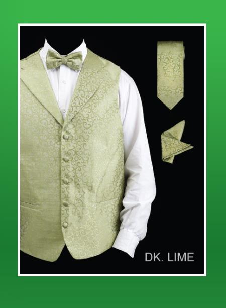 Men's 4 Piece Groomsmen Dress Tuxedo Wedding Vest ~ Waistcoat ~ Waist coat Set (Bow Tie, Neck Tie, Hanky) - Lapelled Groomsmen Vest ~ Waistcoat ~ Waist coat  Dark lime mint  - Men's Neck Ties - Mens Dress Tie - Trendy Mens Ties