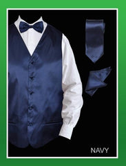 Men's 4 Piece Dress Tuxedo Wedding Vest ~ Waistcoat ~ Waist coat Set (Bow Tie, Neck Tie, Hanky) - Satin Navy  - Men's Neck Ties - Mens Dress Tie - Trendy Mens Ties