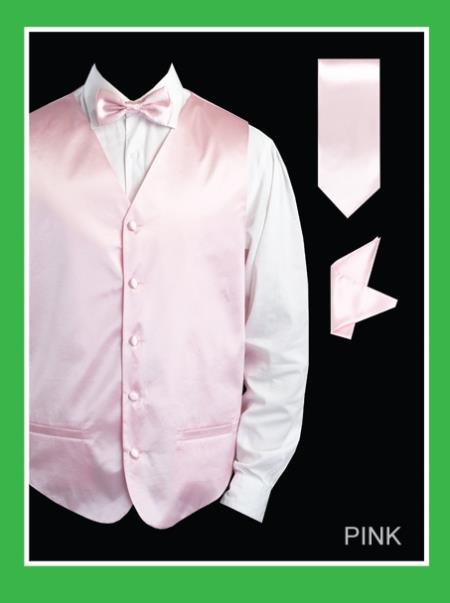 Men's 4 Piece Dress Tuxedo Wedding Vest ~ Waistcoat ~ Waist coat Set (Bow Tie, Neck Tie, Hanky) - Satin Pink  - Men's Neck Ties - Mens Dress Tie - Trendy Mens Ties