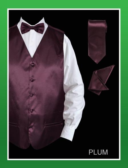 Men's 4 Piece Dress Tuxedo Wedding Vest ~ Waistcoat ~ Waist coat Set (Bow Tie, Neck Tie, Hanky) - Satin Very Dark Purple  - Men's Neck Ties - Mens Dress Tie - Trendy Mens Ties