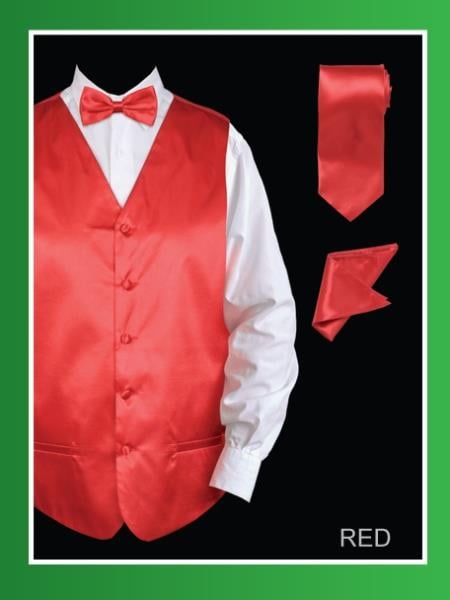 Men's 4 Piece Dress Tuxedo Wedding Vest ~ Waistcoat ~ Waist coat Set (Bow Tie, Neck Tie, Hanky) - Satin Red  - Men's Neck Ties - Mens Dress Tie - Trendy Mens Ties