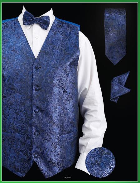 Men's Royal Blue P A I S L E Y Design  - Four Piece Groomsmen Dress Tuxedo Wedding Vest ~ Waistcoat ~ Waist coat Set (Bow Tie, Neck Tie, Hanky) - Men's Neck Ties - Mens Dress Tie - Trendy Mens Ties