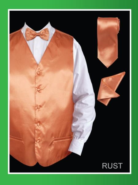 Men's 4 Piece Dress Tuxedo Wedding Vest ~ Waistcoat ~ Waist coat Set (Bow Tie, Neck Tie, Hanky) - Satin Rust  - Men's Neck Ties - Mens Dress Tie - Trendy Mens Ties