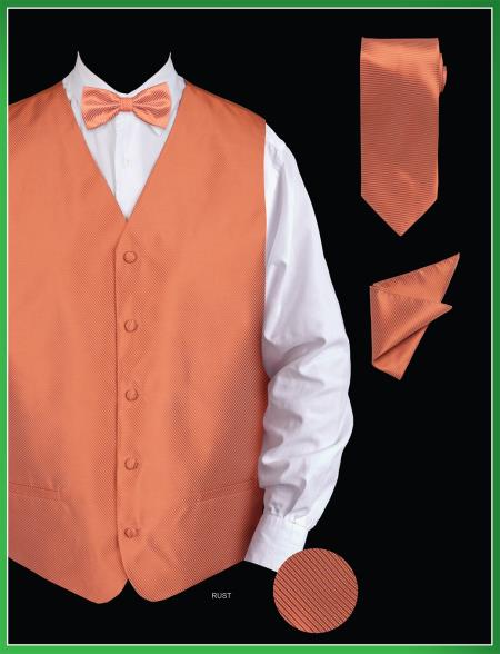 Men's 4 Piece Dress Tuxedo Wedding Vest ~ Waistcoat ~ Waist coat Set (Bow Tie, Neck Tie, Hanky) - Twill patterned Rust