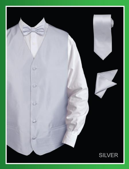 Men's 4 Piece Dress Tuxedo Wedding Vest ~ Waistcoat ~ Waist coat Set (Bow Tie, Neck Tie, Hanky) - Twill patterned Silver