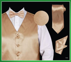 Men's 4 Piece Dress Tuxedo Wedding Vest ~ Waistcoat ~ Waist coat Set (Bow Tie, Neck Tie, Hanky) - Satin Tan ~ Beige  - Men's Neck Ties - Mens Dress Tie - Trendy Mens Ties