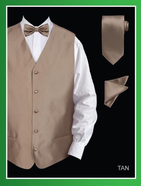 Men's 4 Piece Dress Tuxedo Wedding Vest ~ Waistcoat ~ Waist coat Set (Bow Tie, Neck Tie, Hanky) - Twill patterned Tan ~ Beige