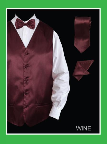 Men's 4 Piece Dress Tuxedo Wedding Vest ~ Waistcoat ~ Waist coat Set (Bow Tie, Neck Tie, Hanky) - Satin Wine