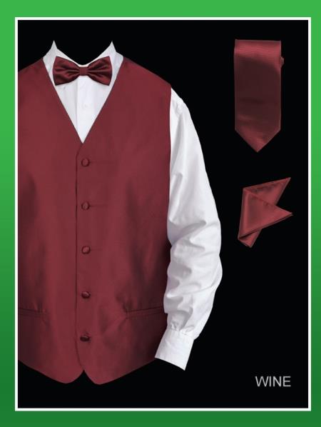 Men's 4 Piece Dress Tuxedo Wedding Vest ~ Waistcoat ~ Waist coat Set (Bow Tie, Neck Tie, Hanky) - Twill patterned Wine