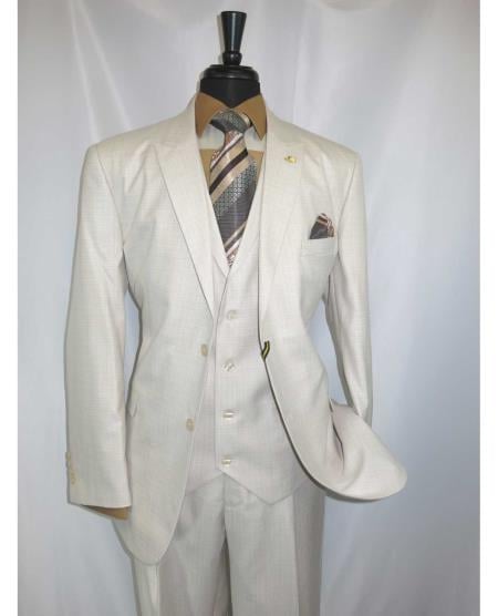 2 Button Egg Shell Men's Peaked Lapel Jacket With Vested Suit