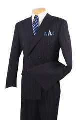 Men's Executive 6 On 2 Double Breasted Suits Banker Pinstripe Dark Navy - Dark Blue Suit Color