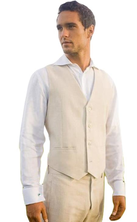 100% linen beach wedding tuxedo 2 slit pocket  4 button V-neck tuxedo vest for men