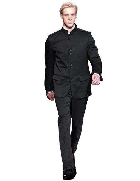 Super High Quality Exclusive Style and Cut 8 Button Black Mandarin Banded Collar Suits