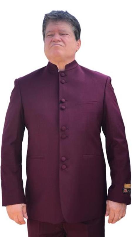 Alberto Nardoni Mandarin Banded No Collar Suit Burgundy ~ Wine ~ Maroon Suit