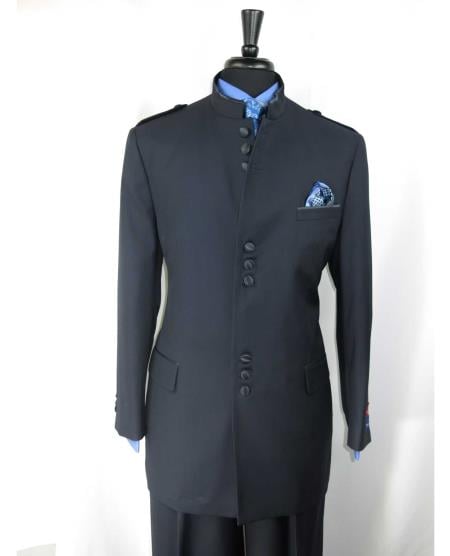 Single Breasted Men's Mandarin Banded Collar With 9 Button Closure Suit Dark Navy Blue Suit For Men