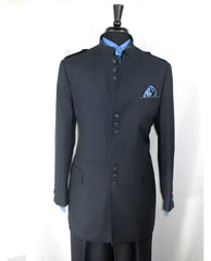 Single Breasted Men's Mandarin Banded Collar With 9 Button Closure Suit Dark Navy Blue Suit For Men