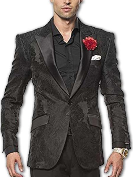 Men's Black paisley Floral Satin Two Button Fully Lined Fashion Sport Coat Blazer Tuxedo