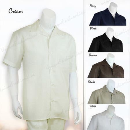 2 Pieces Mens Casual Solid Color Mens Linen Suit - Shirt and Pants Set Casual Two Piece Mens Walking Outfit For Sale Pant Sets suits casual two piece sets