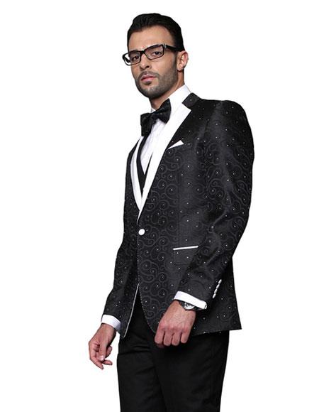 Men's Black Paisely Patten Modern Fit Suits Vested Suit on Sale