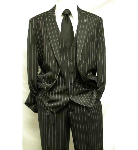 3 Piece Gangster Stripe Mars Vested Fashion Suit Black