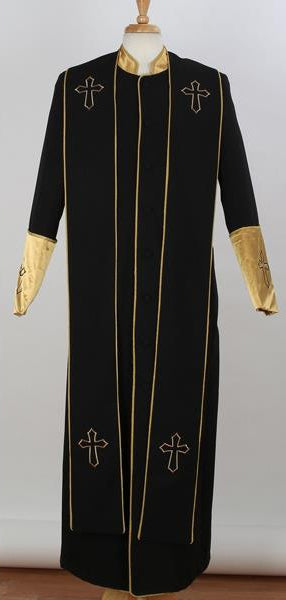 Men's Big & Tall Mandarin Collar Black/Gold Church Cross Accent Robe With Stole Suits