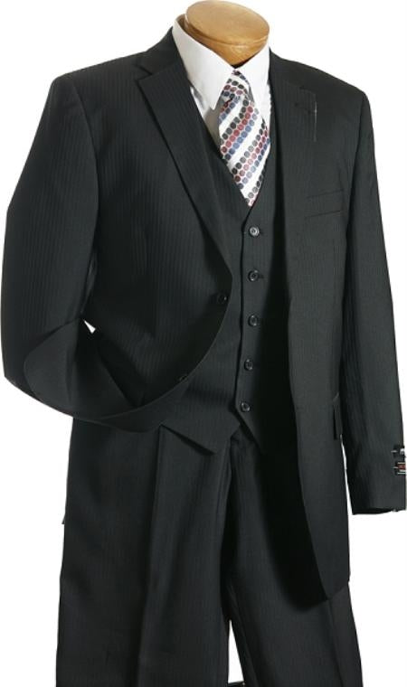 2BV 3 Pc Vested Black On Black Stripe ~ Pinstripe Designer affordable Cheap Priced Business Suits Clearance Sale online sale Shadow Pattern