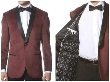 Velvet Blazer - Mens Velvet Jacket Velvet Shawl Collar Dinner Smoking , Slim Fit Burgundy ~ Wine ~ Maroon Suit