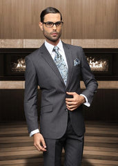 TZBer Pick Stitch Collar Slanted Pocket 2 Button Charcoal Shadow Stripe ~ Pinstripe Suit