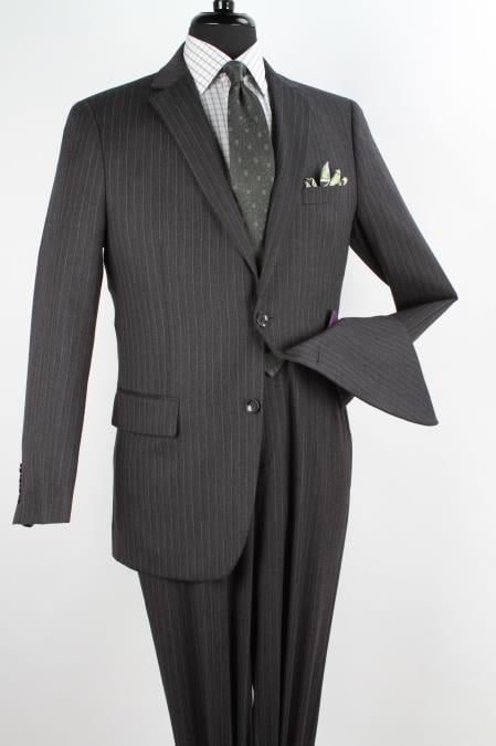 Men's 2 Piece 100% Executive Suit - Charcoal with Silver Stripe ~ Pinstripe - 100% Percent Wool Fabric Suit - Worsted Wool Business Suit