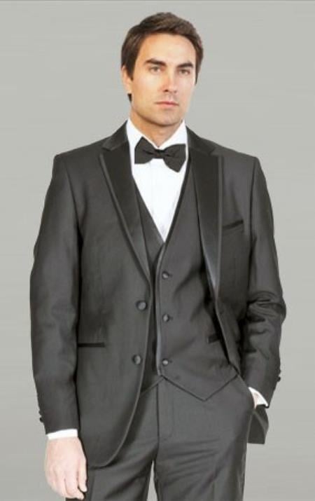 Mens Three Piece Suit - Vested Suit Tuxedo Black Framed With Vest Microfiber Tuxedos