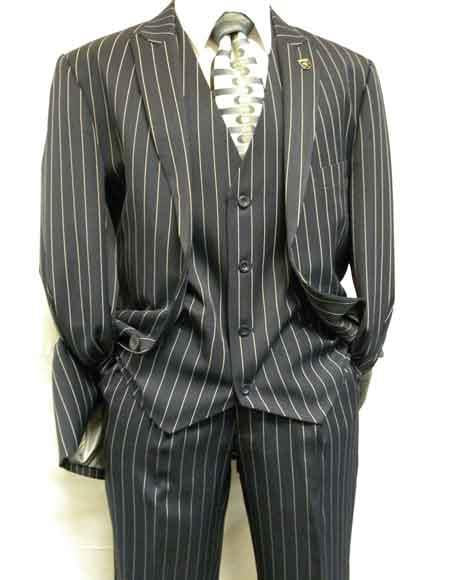 1920's Gangster Bold Pinstripe ~ Stripe Men's Stripe Mars Dark Blue Fashion Vested Suit Pleated Pant