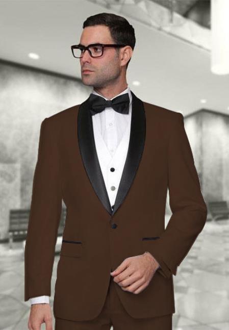 Statement Confidence Men's Dark Brown Modern Fit 3 Piece Shawl Collar Vested Tuxedo Super 150's Wool Jacket + Pants Vest