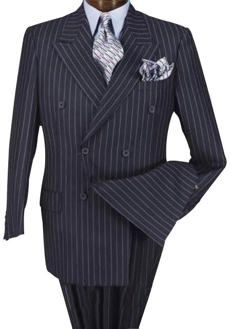 High Quality Dark Navy Blue Suit For Men & Chalk Bold White Pinstripe Double Breasted Suit 100% poly-ray